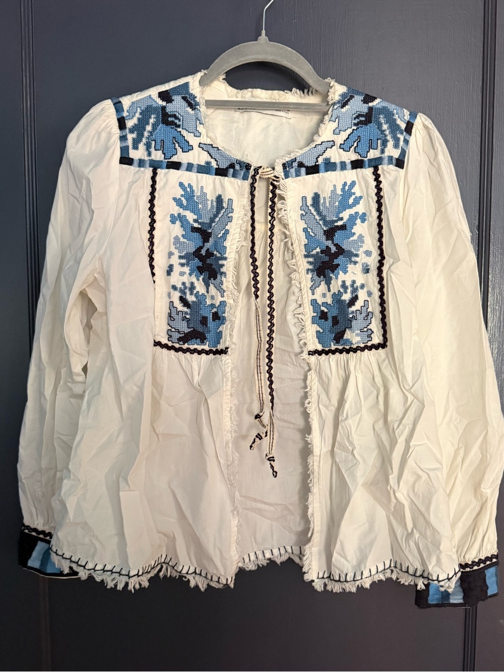 Zara Embroidered Blouse - White with Blue Floral Motif